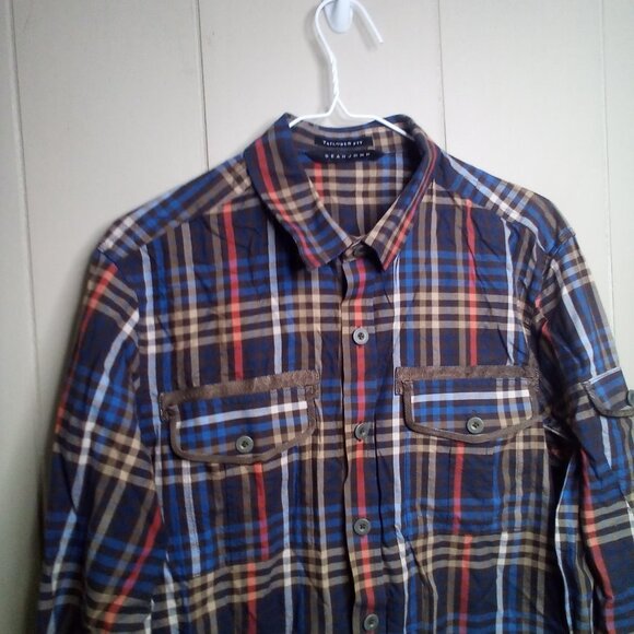 Sean John Button Up Shirt M Tailored Fit Long Sleeve Pockets Plaid - Picture 8 of 10